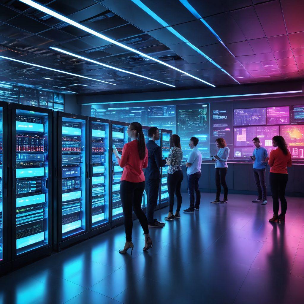 A futuristic server room filled with glowing servers and digital displays showcasing web statistics. In the foreground, a diverse group of bloggers enthusiastically discussing their website designs, surrounded by vibrant digital graphics representing web hosting features like security and speed. Bright colors and a modern, techy atmosphere to inspire creativity. super-realistic. vibrant colors. 3D.
