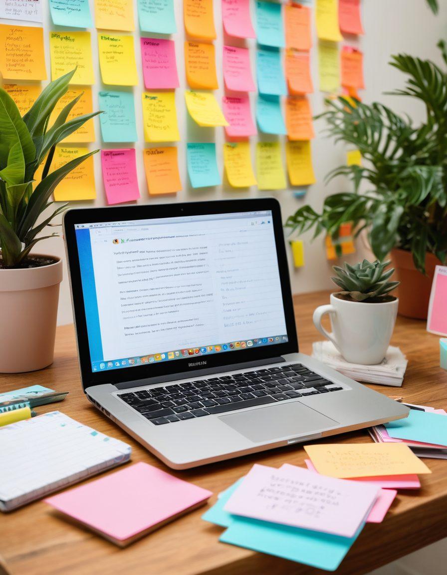 A vibrant workspace showcasing various blogging tools like a laptop, notepad, and coffee cup, surrounded by colorful sticky notes and inspirational quotes. Include a soft glow to represent creativity and productivity, with plants in the background to add a fresh touch. Focus on an inviting and motivational atmosphere. super-realistic. vibrant colors. cozy setting.
